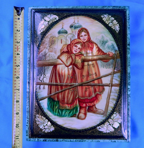1998 Russian Russia Fedoskino Handpainted Signed Pearl LARGE Laquer Trinket Box