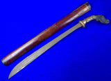 Antique Old Indonesian Damascus Blade Carved Handle Short Sword Knife with Scabbard