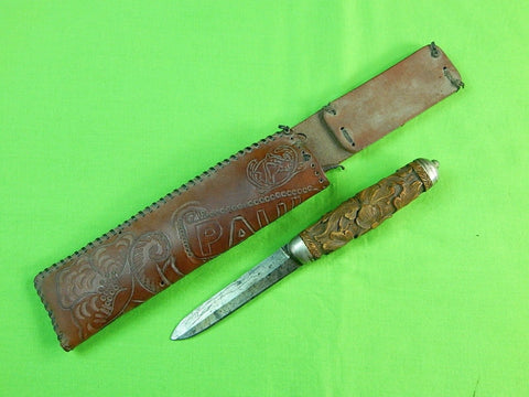 Antique Old Sweden Swedish Hunting Knife Carved Wood Handle