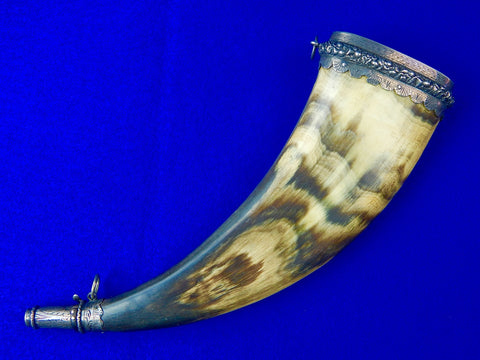Antique 19 Century Victorian Scotland Scottish Cow Horn & Silver Powder Flask