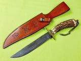 Custom Hand Made GAUDLE Clanton Alabama Damascus Stag Hunting Knife & Sheath