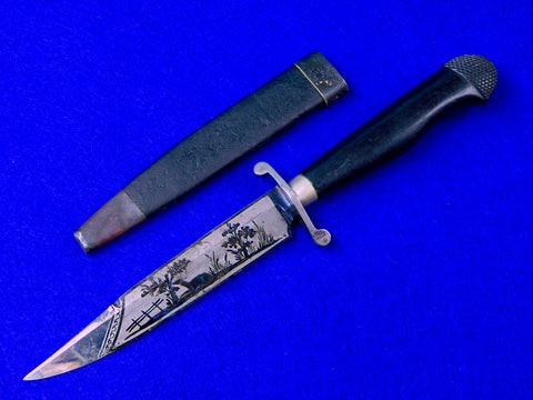 German Germany Antique 19 Century Hunting Engraved Blued Blade Knife w/ Scabbard
