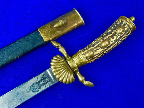 German Germany WW1 Engraved Stag Hunting Dagger Knife Short Sword with Scabbard