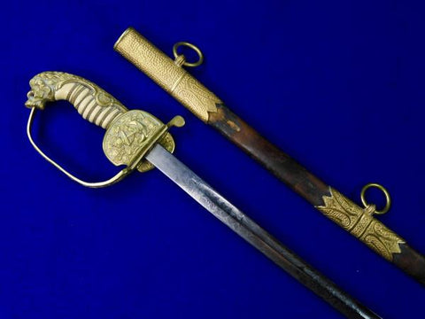 German Germany Antique WW1 Navy Officer's Engraved Lion Head Sword w/ Scabbard