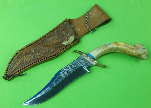 Custom Made Indian American Cowboy Style Huge Bowie Engraved Hunting Stag Knife