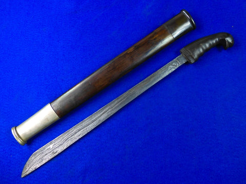 Antique Old Indonesian Indonesia Damascus Blade Short Sword Knife w/ Scabbard 