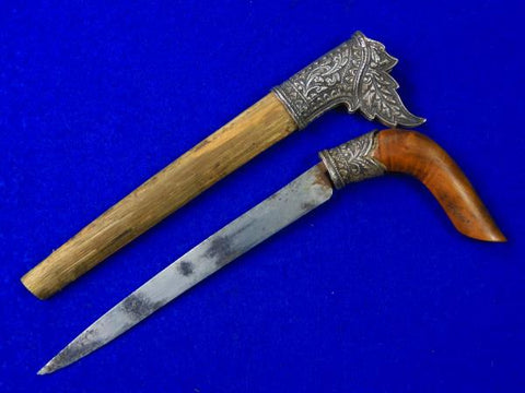 Antique Old Indonesia Indonesian Silver Fittings Small Knife w/ Scabbard
