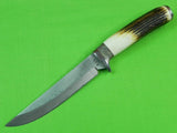 US Custom Hand Made LARRY WITHROW Damascus Stag Fighting Hunting Knife & Sheath