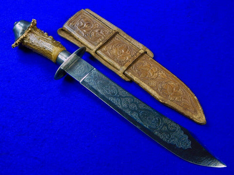 Vintage Spanish Spain Fabrica de Toledo Large Engraved Hunting Knife & Sheath 