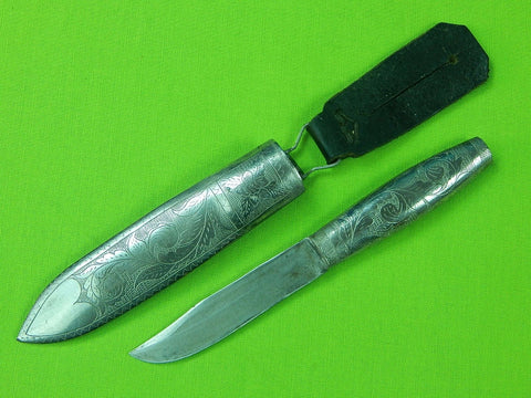 Antique Vintage Scandinavian Signed Small Mini Silver Hunting Knife & Scabbard