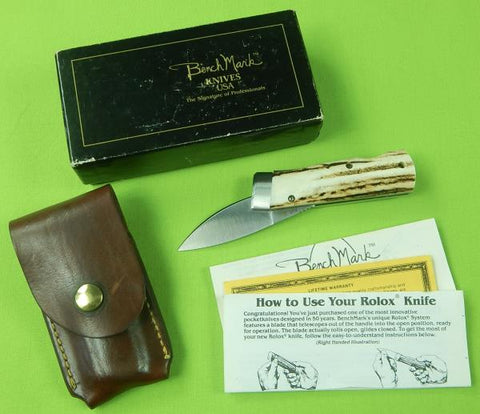 Vintage US BenchMark Rolox AD383 Viper Stag Folding Pocket Knife w/ Sheath Box