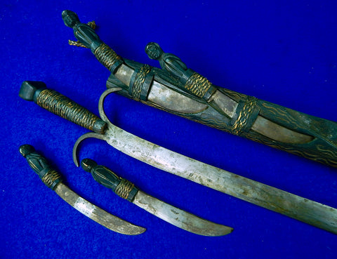 Antique Old African Africa Sword Scabbard Set 4 Knife Carved Wood Figural Handle