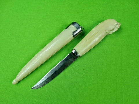 Antique Finland Finnish Scandinavian Puukko Knife Knives Carved Sea Cow Head Handle w/ Scabbard