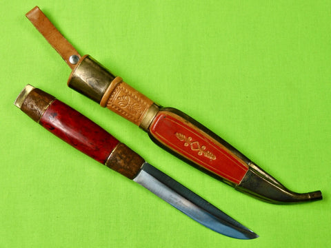 Vintage Finnish Finland Puukko Hunting Fighting Knife w/ Sheath Red Handle