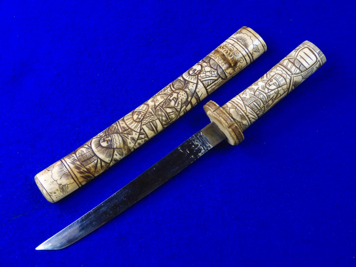 Antique Old Japanese Japan Tanto Carved Handle Fighting Knife w/ Scabb ...