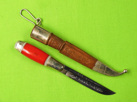 Vintage Finnish Finland Puukko Hunting Knife w/ Sheath Red Handle