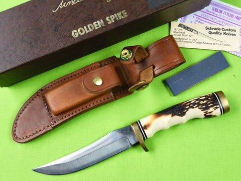Vintage US Schrade Uncle Henry 153 Golden Spike Hunting Knife Sheath Stone Box